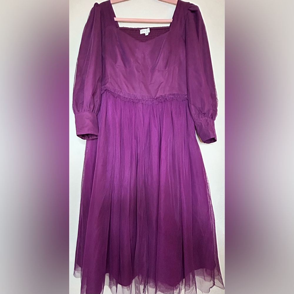 Ivy City Co Florence Dress Plum XL Puff Sleeve Smocked Purple Maxi Midi Tulle - Picture 8 of 16